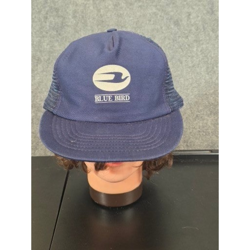 Blue Bird School Bus Logo Trucker Hat Navy Blue Mesh Snapback Vintage Style Cap